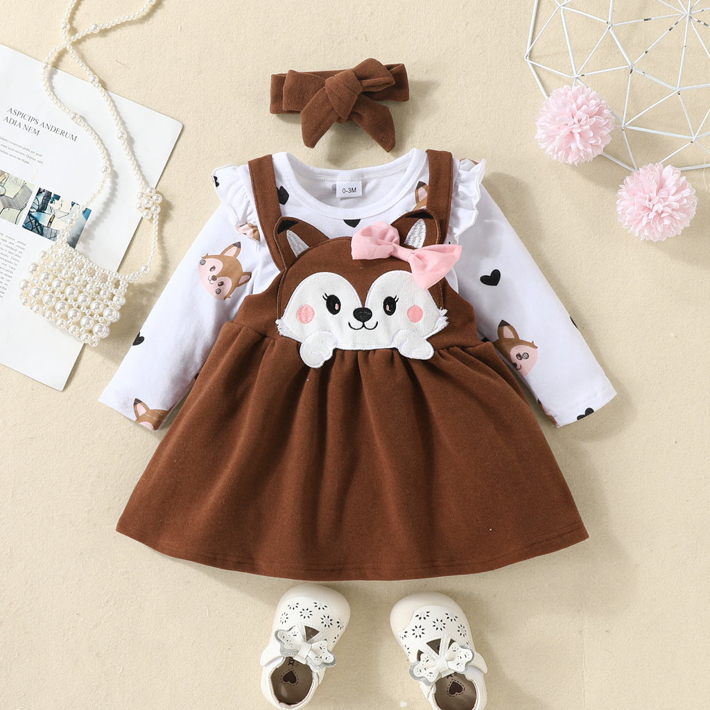 Baby Girls Solid Color Love Animal Jumpsuit Fox Embroidery Straps Skirt Set - PrettyKid