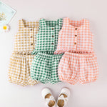 Toddler Kids Girls Solid Plaid Printed Sleeveless Top and Shorts Set - PrettyKid