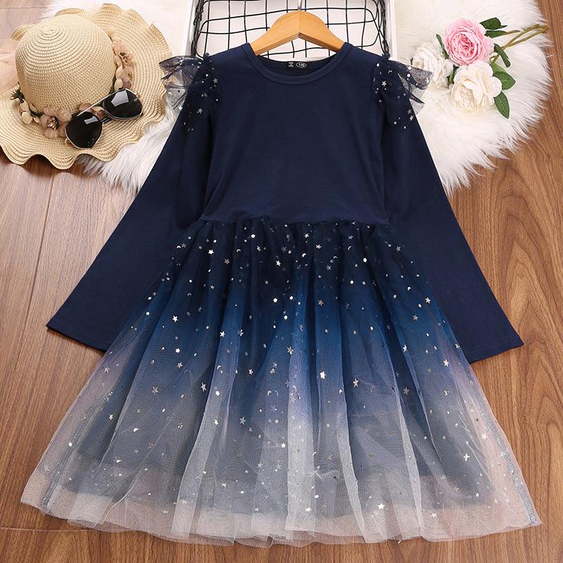 Toddler Kids Girls Gradient Star Mesh Long Sleeve Dress - PrettyKid