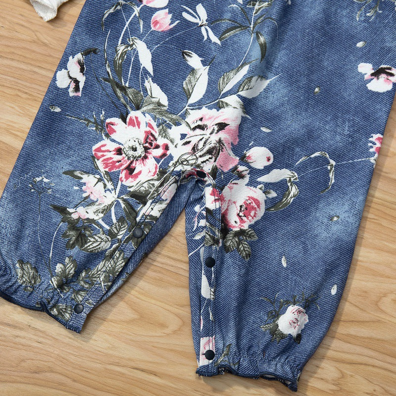 Baby Girls Printed Long Sleeve Denim Jumpsuit - PrettyKid