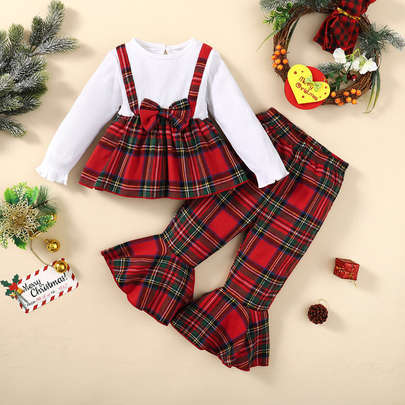 Toddler Girls Solid Color Long-sleeved Tops Plaid Print Flared Pants Set - PrettyKid