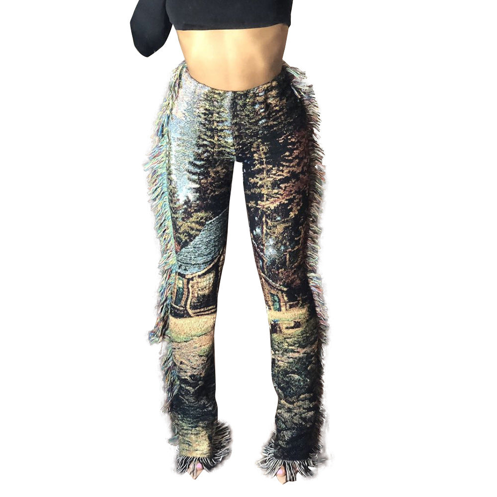 Women's Colorful Fringed Flannel Pants- Grey - PrettyKid