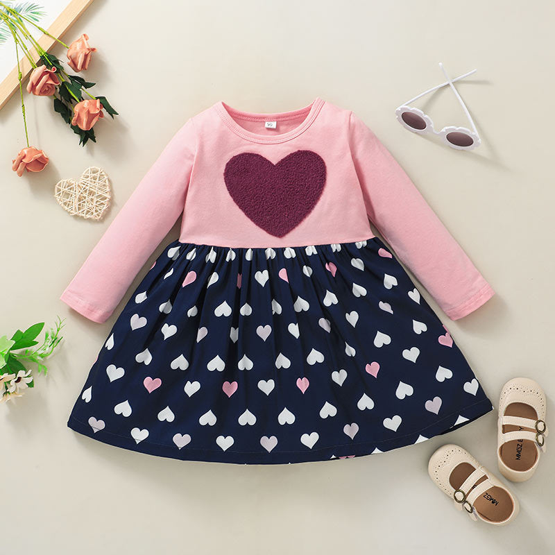 Toddler Kids Girls Solid Lovely Love Printed Long Sleeve Dress - PrettyKid