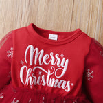 Toddler Girls Christmas Printed Red Mesh Stitching Long-sleeved Dress - PrettyKid