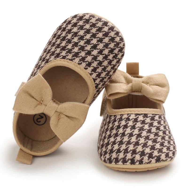 Baby Girls Plaid Bow Child Soft Rubber Sole Non-slip Baby Shoes - PrettyKid