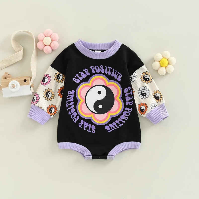 Baby Girls Solid Color Cartoon Print Long Sleeve Onesie Crawling Clothes - PrettyKid