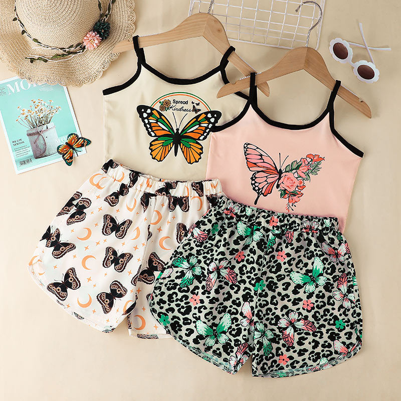 Children Girls Solid Butterfly Print Suspender Top Shorts Sportswear - PrettyKid