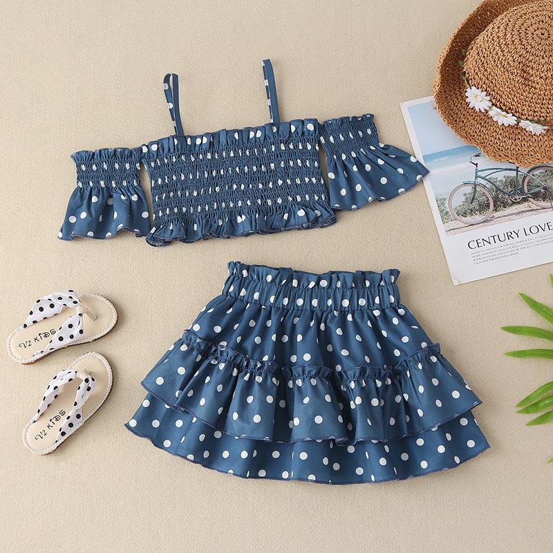 Children Summer Girls Wave Dot Printed Suspender Skirt Set Wholesale Girls Dresses - PrettyKid