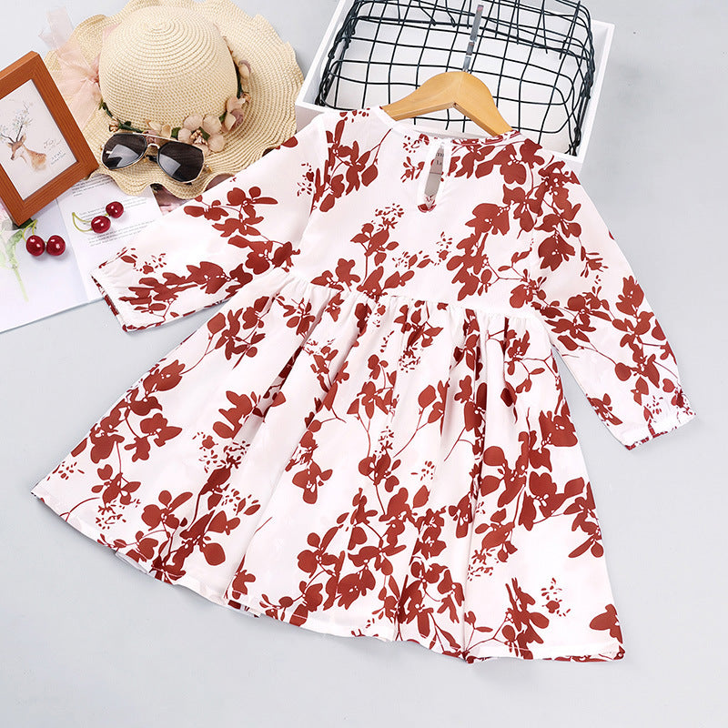 Toddler Kids Girls Solid Color Plant Print Bow Long Sleeve Dress - PrettyKid