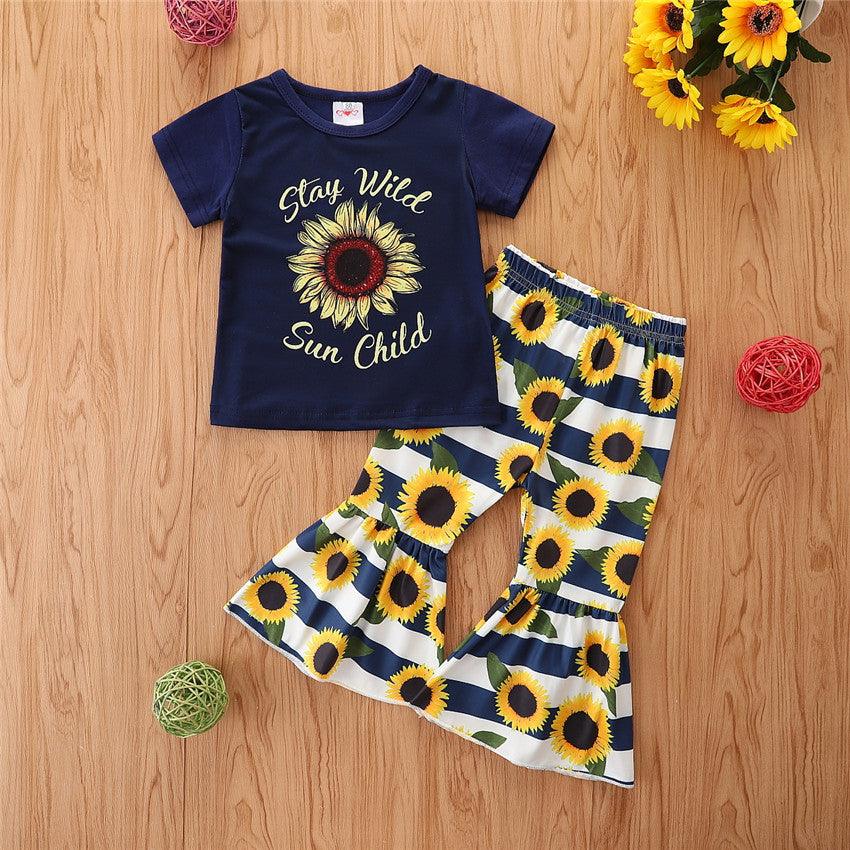 Toddler Kids Girls Short Sleeve T-shirt Sunflower Striped Flared Pants Two Piece Set Children's Boutique Wholesale - PrettyKid