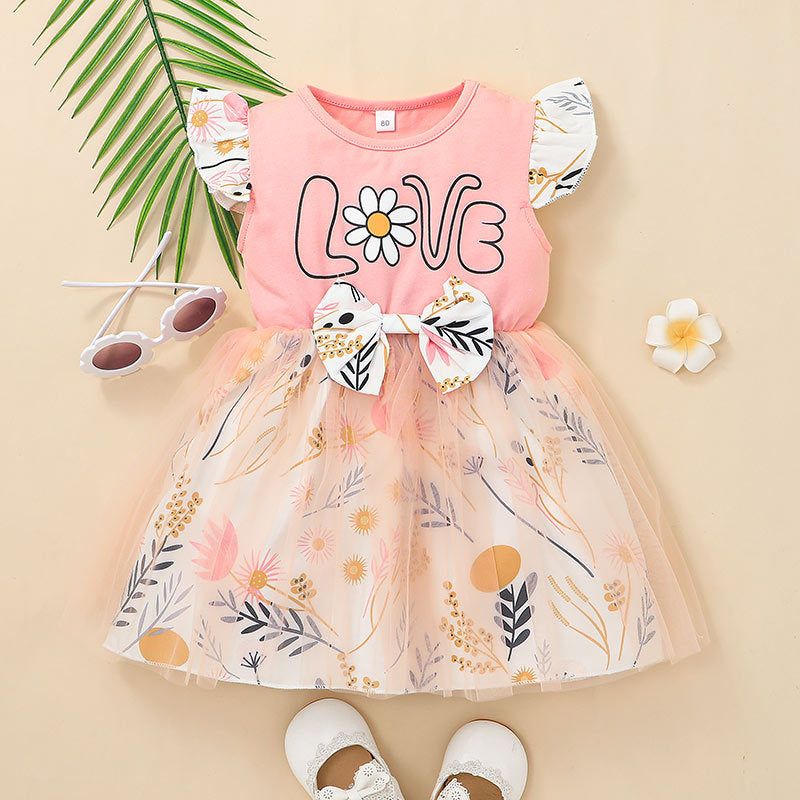 Toddler Kids Girl Summer Bow Flower Print Screen Sleeveless Dress - PrettyKid