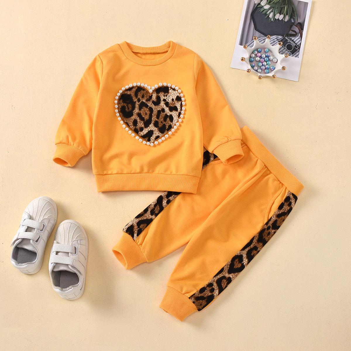 Children Girls Love Leopard Long Sleeved Sweater Pants Set - PrettyKid