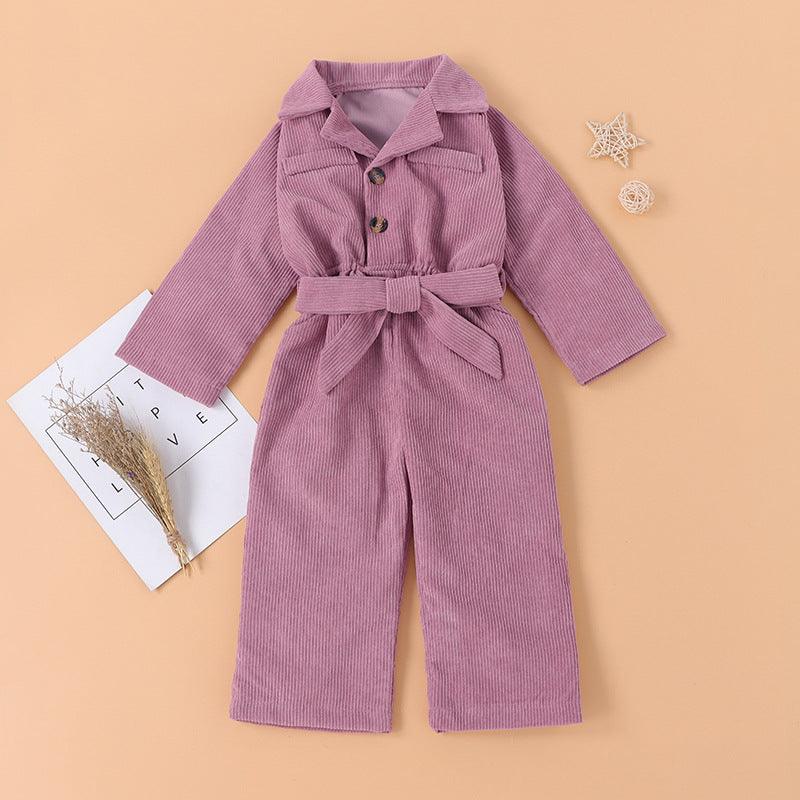 Toddler Kids Girls Solid Cotton Lapel Pocket Jumpsuit - PrettyKid