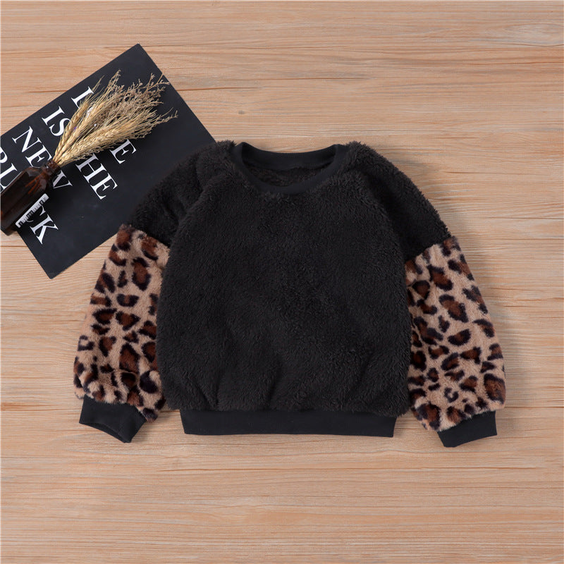 Toddler Kids Girls Solid Color Leopard Print Patchwork Plush Top - PrettyKid
