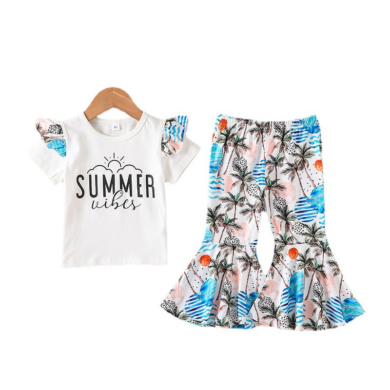 2023 Summer New Short Sleeve T-shirt+trousers Two-piece Children's Summer Vacation Bell Bottoms Suit - PrettyKid