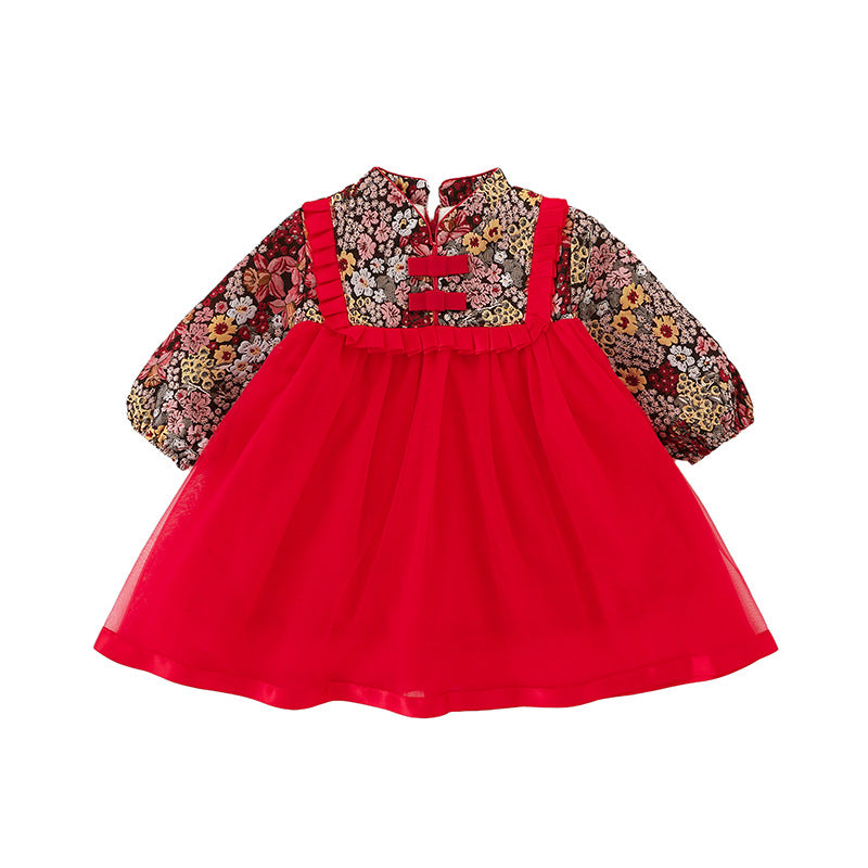 Toddler Kids Girls' Velvet Mesh Printed Dress - PrettyKid