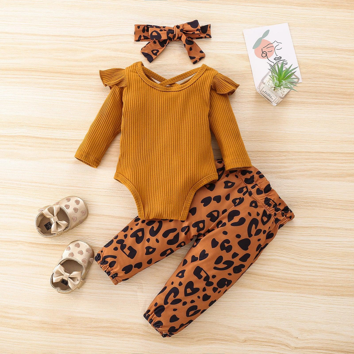 Baby Girls Solid Color Long Sleeve Jumpsuit Leopard Pants Set - PrettyKid