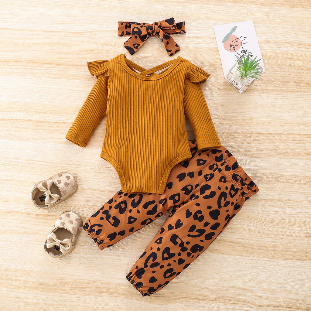 Baby Girls Letter Printed Jumpsuit Leopard Pants Hair Three Piece Valentine's Day Dress - PrettyKid