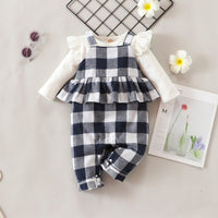 Toddler Girl Solid Color Long Sleeve Top Plaid Printed Suspender Pants Set - PrettyKid