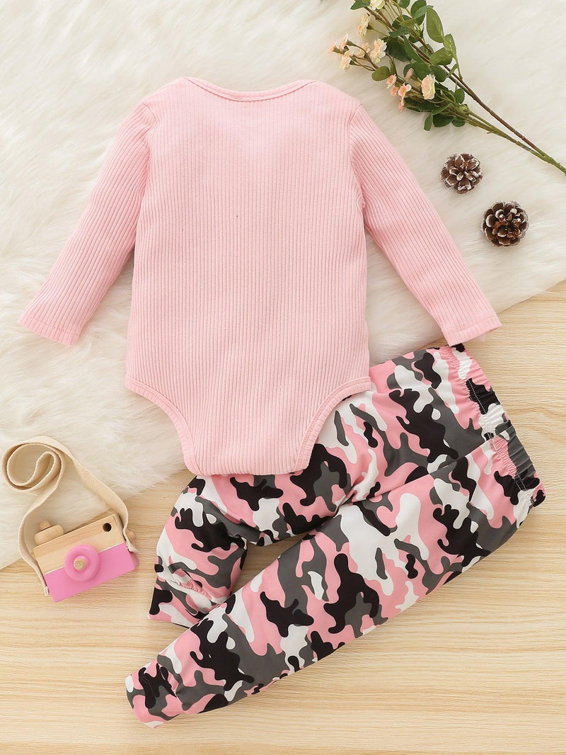 Baby Girls Camouflage Bow Long Sleeve Jumpsuit Pants Set - PrettyKid