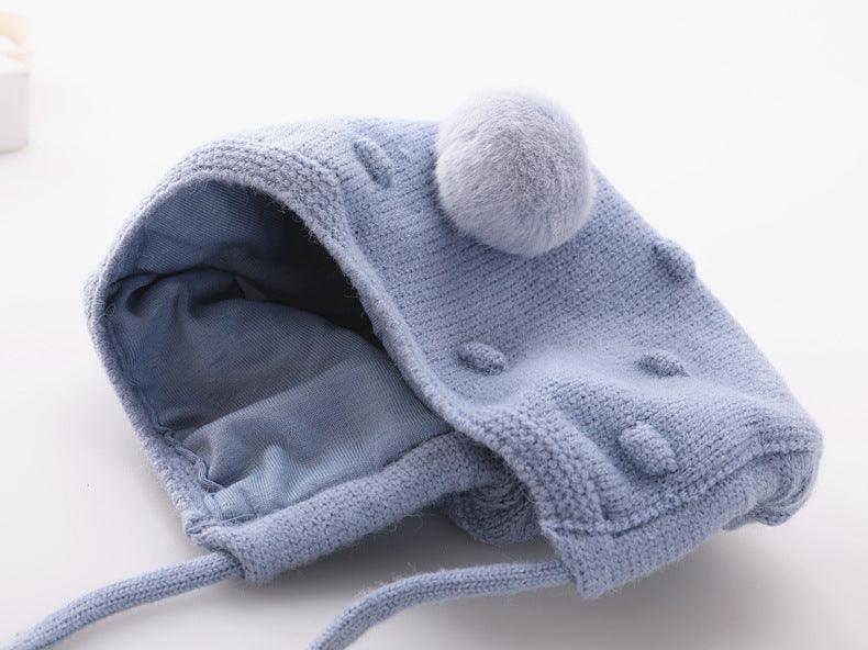 Baby Boys Girls Solid Color Cartoon Fur Ball Cotton Ear Protection Woolen Hat - PrettyKid