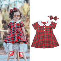 Girls' Doll Neck Short Sleeve Plaid Dress - PrettyKid