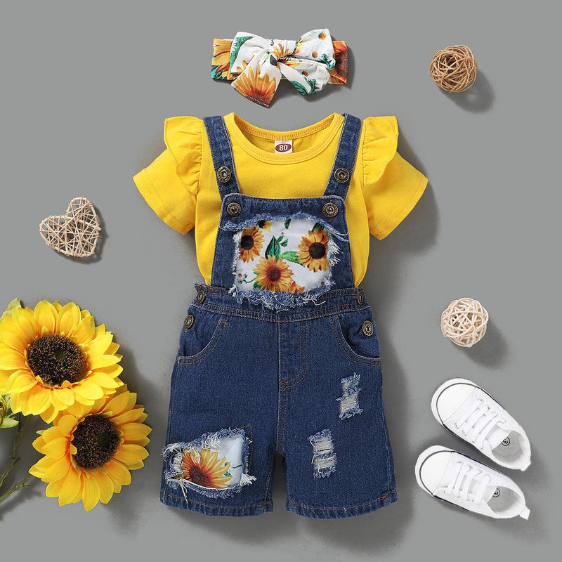 Toddler Kids Girls Solid Color Short Sleeve Top Sunflower Print Suspender Pierced Jeans Set - PrettyKid