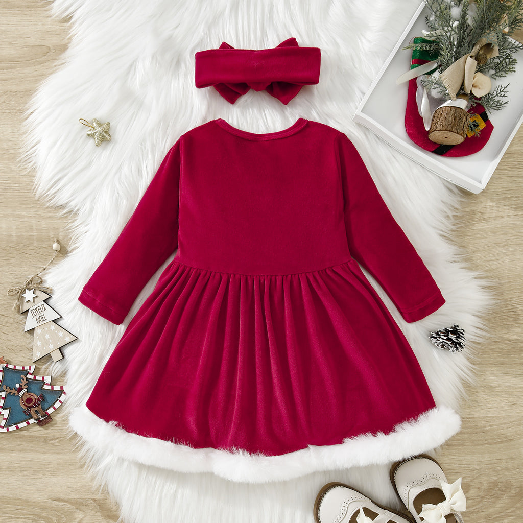 Toddler Kids Girls Solid Color Cute Letter Print Christmas Bow Dress - PrettyKid