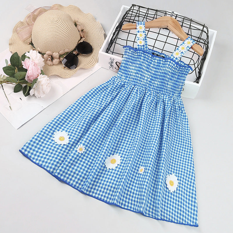 Toddler Kids Girls Summer Solid Color Daisy Plaid Sheath Camisole Dress - PrettyKid