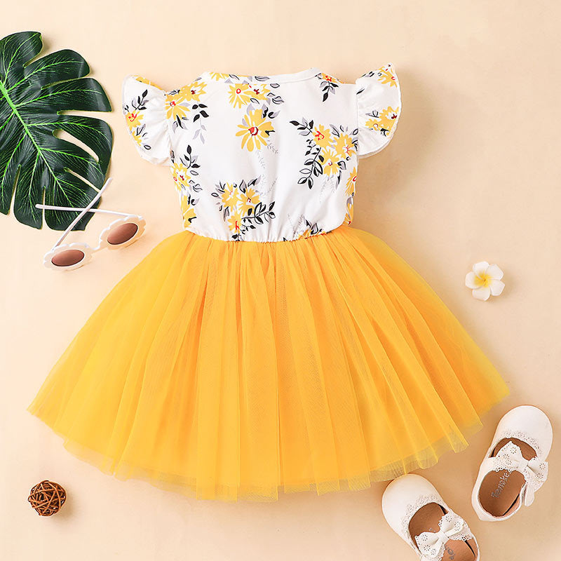 Toddler Girls Summer Solid Flower Print Mesh Stitched Sleeveless Bow Dress - PrettyKid