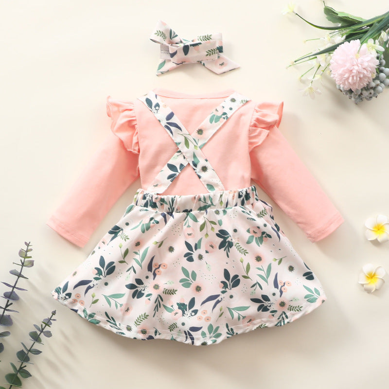 Baby Girls Solid Color Long Sleeve Jumpsuit Plant Printed Suspender Dress Hair Band Three Piece Set - PrettyKid