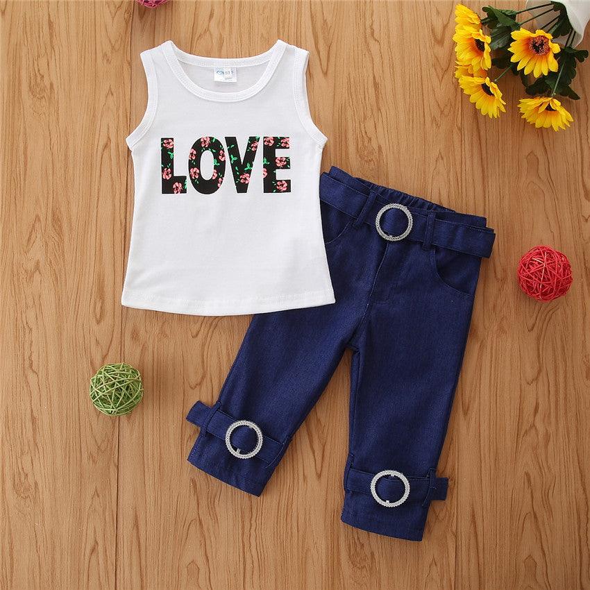 2021 LOVE LetterS Sleeveless Girl Children Top + Jean Trouser Wholesale - PrettyKid