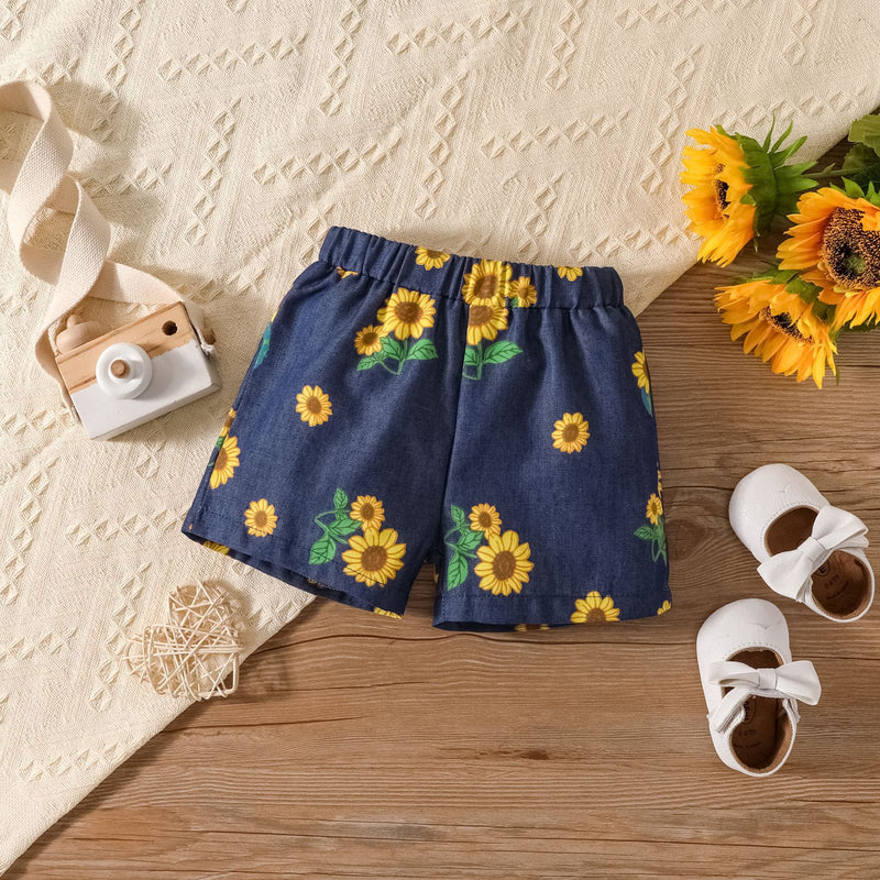 9M-5Y Toddler Girls Denim Sets Sunflower Flutter Sleeve Top & Shorts Wholesale Girls Clothes - PrettyKid