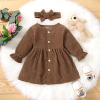 Toddler Kids Girls Solid Color Long Sleeve Button Dress Hairband Two Piece Set - PrettyKid