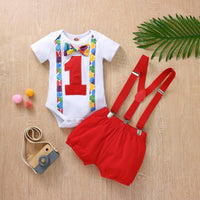 Baby Boys Red Digital Printing One-piece Suit with Suspender Pants Set - PrettyKid