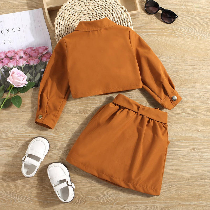 Toddler Kids Girls Solid Long Sleeve Lapel Jacket Top Bow Skirt Set - PrettyKid