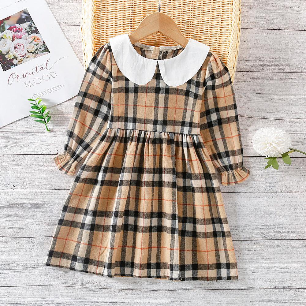 Children Girl's Doll Neck Plaid Long Sleeve Dress - PrettyKid