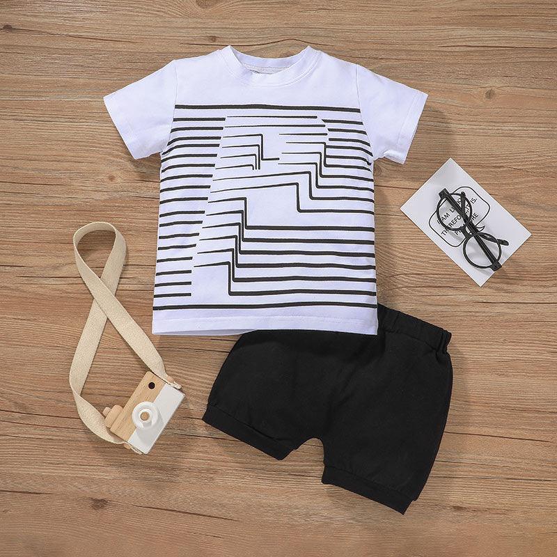 Toddler Kids Boys Summer Stripe Print Short Sleeve Top Solid Shorts Set - PrettyKid