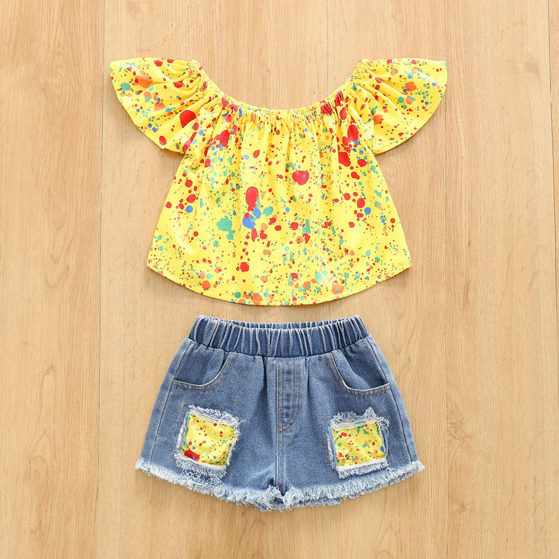 Toddler Kids Girls Solid Tie Dyed Printed Short Sleeved Top with Holes Denim Shorts Set - PrettyKid
