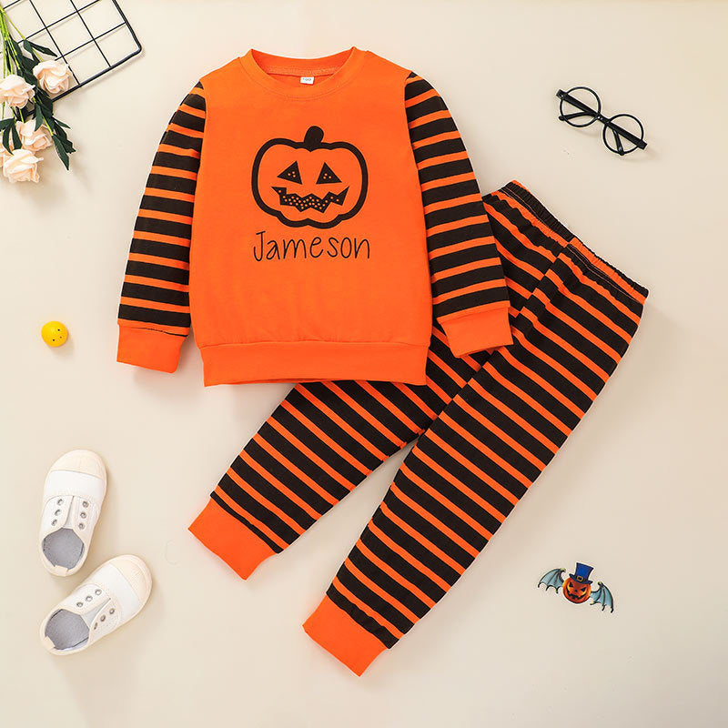 Toddler Kids Halloween Pumpkin Print Striped Long-sleeved Top Trouser Suit Children Clothing Vendors - PrettyKid