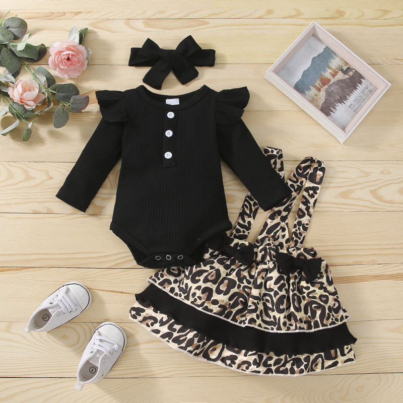 Baby Girls' Solid Color One-piece Leopard Print Suspender Skirt Set - PrettyKid