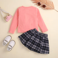 Pink Long Sleeve Cartoon Printed Flower Top Plaid Pleated Skirt Set - PrettyKid