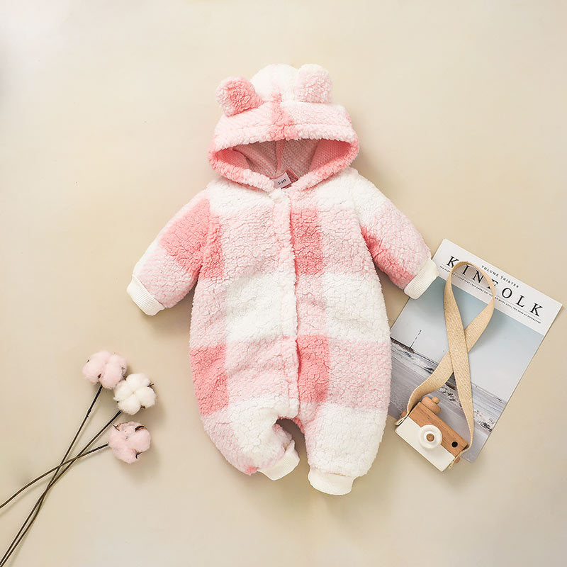 Baby Girls Winter Warm Plaid Printed Cute Hoodie Jumpsuit - PrettyKid
