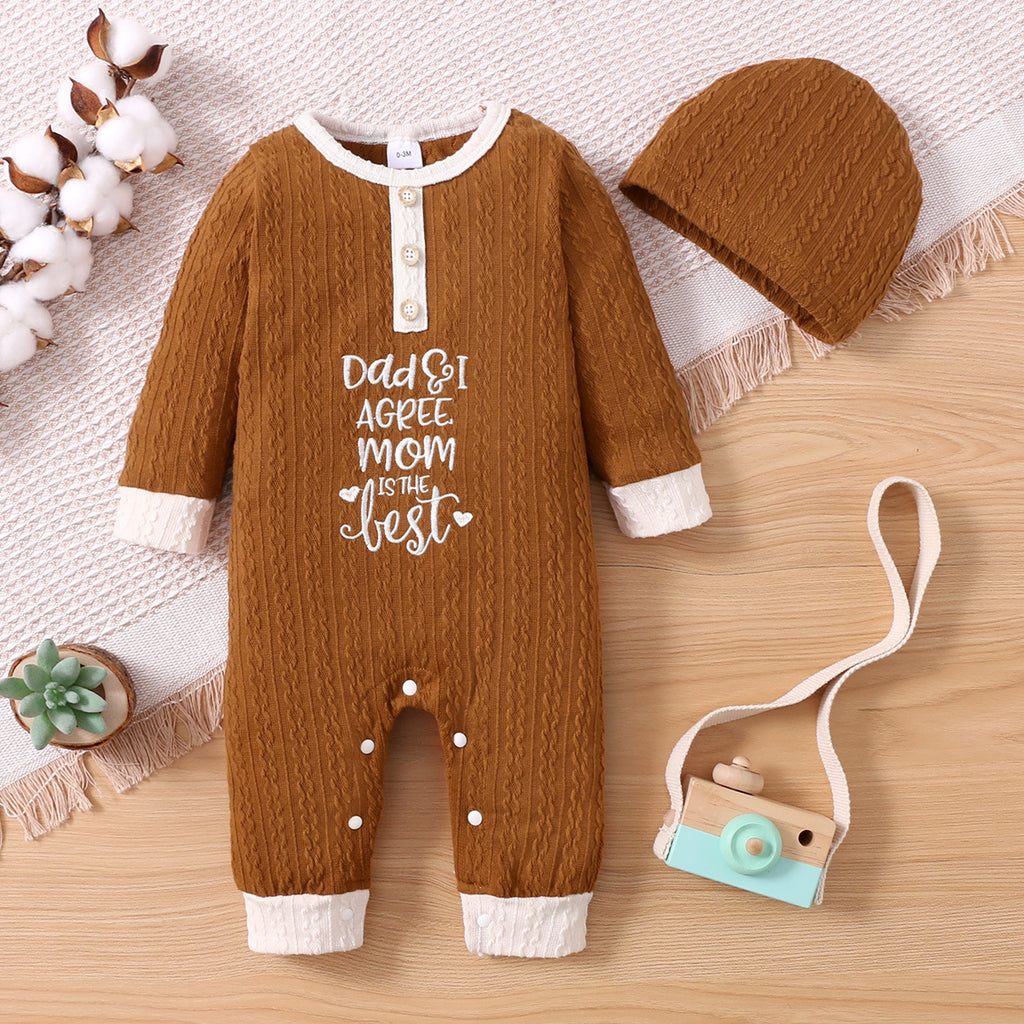 Baby Boys Girls Solid Letter Embroidered Long Sleeve Jumpsuit - PrettyKid