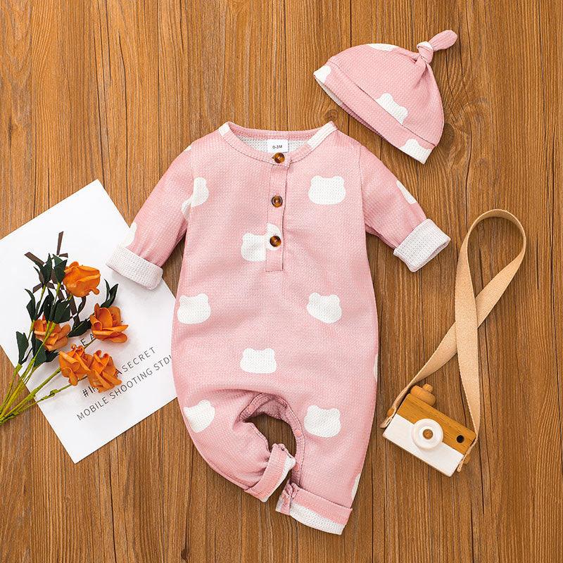 Baby Boys Girls Solid Color Lovely Printed Long Sleeve Jumpsuit Hat Set - PrettyKid