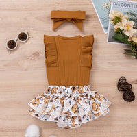 Girls' Pit Lace Fly Sleeve Floral Skirt Four-color Jumpsuit Three-piece Suit