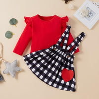 Toddler Kids Girl Red Round Neck Long Sleeve Top Plaid Love Printed Suspender Skirt Set - PrettyKid