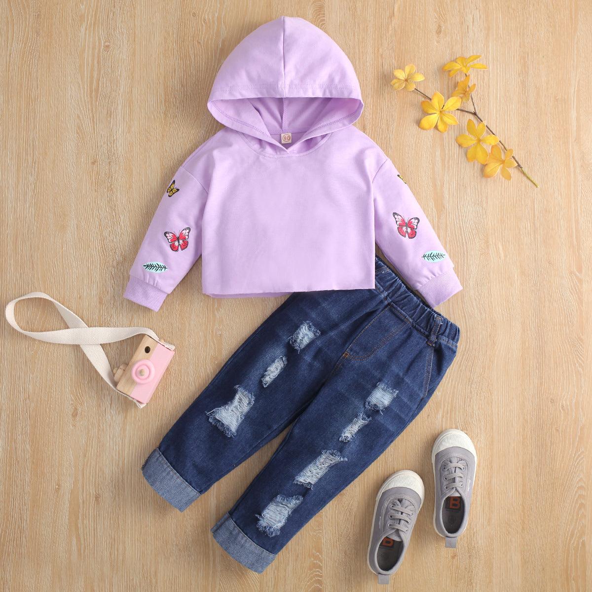 Toddler Kids Girls Long Sleeve Printed Hoodie with Holes Jeans Pants Set - PrettyKid