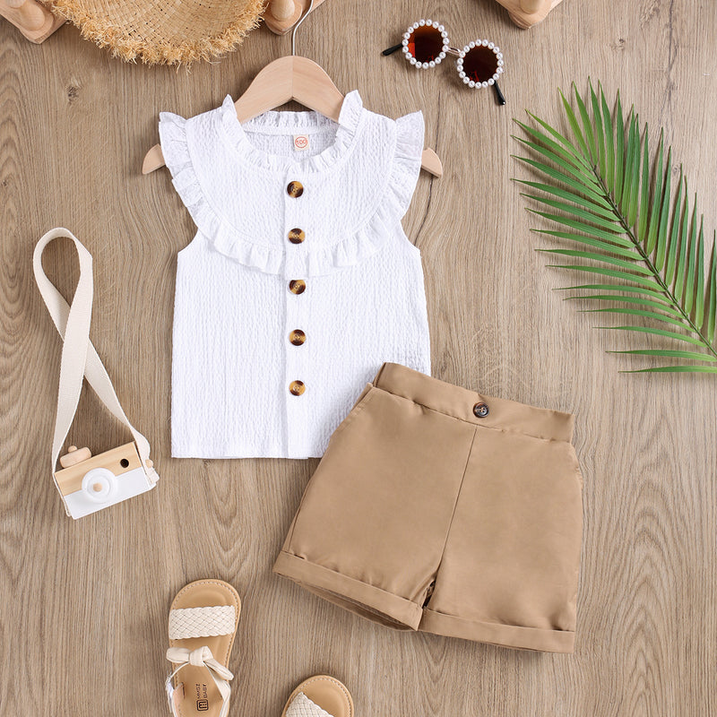 Pure hemp cotton fly sleeve top+woven shorts girls' suit two-piece set