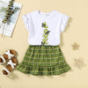 Toddler Girls White Top Green Plaid Print Skirt Set - PrettyKid